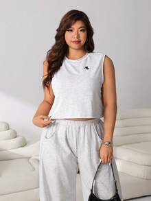 Solflare Bộ 2 món gồm áo crop top không tay thêu hình ngựa màu đen và quần ống rộng cạp chun, thích hợp cho các dịp thường ngày, dự tiệc, đi làm, lễ hội âm nhạc, đi học, nghỉ mát biển, thời trang đường phố, mặc nhà, dạo phố, và cả size lớn. - Màu Xám nhạt - Xem 5