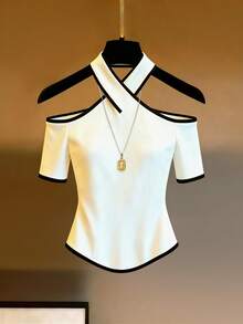 Franclia 女士撞色滚边露肩时尚T恤，夏季款式，女装/女式服装/女士上衣T恤 - 黑與白 - 查看 1
