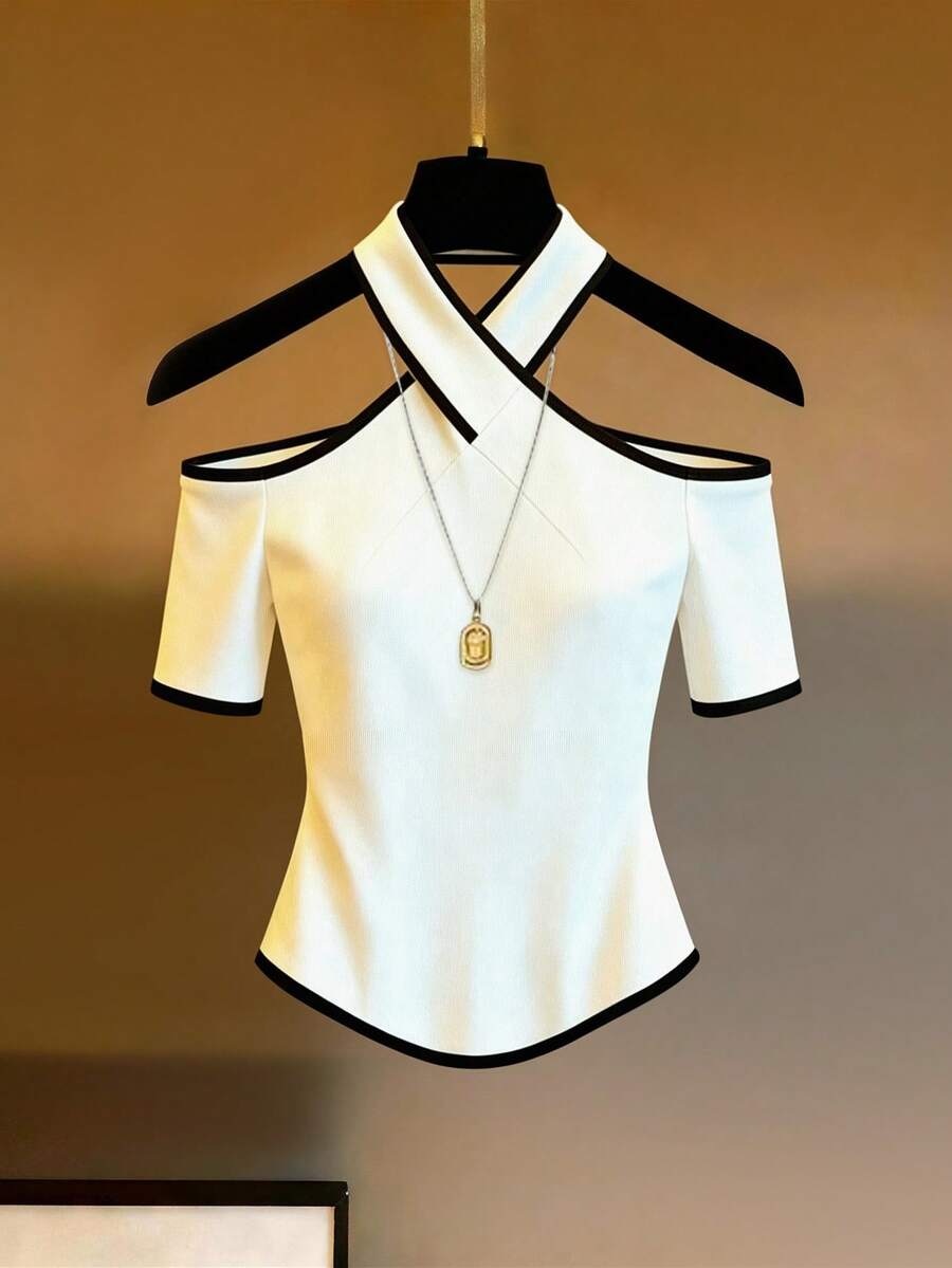 Franclia 女士撞色滚边露肩时尚T恤，夏季款式，女装/女式服装/女士上衣T恤 - 黑與白 - 查看 1