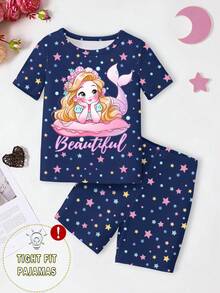 1 Set Young Girls Glow-In-The-Dark Mermaid Print Tight Fit Short Sleeve Top And Shorts Pajama Set - Navy Blue - View 3