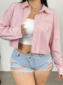 Vionelle Korean Style Collegiate Blue Striped Cropped Shirt For Women - Pink - View 3