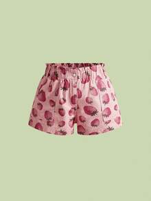 Sweetness Plus Size Sweet Strawberry Print Casual Kawaii Loose Elastic Waist Denim Shorts, Spring/Summer Beach Vacation Dusty Pink - Pink - View 5