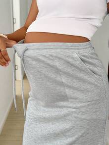 SHEIN Maternity Casual Drawstring Waist Solid Color A-Line Skirt, Suitable For Spring, Summer, Autumn Photoshoot - Grey - View 6