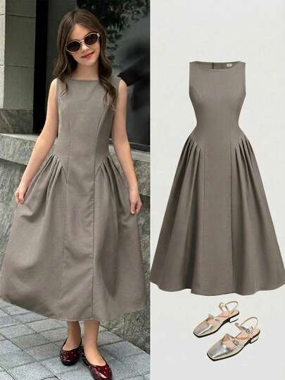 SHEIN Vestido gris casual y elegante para niñas preadolescentes