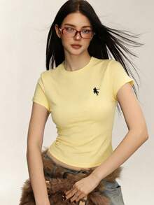 INAWLY T-shirt décontracté polyvalent pour femmes grandes tailles avec détails brodés, été - Jaune citron - Voir 3