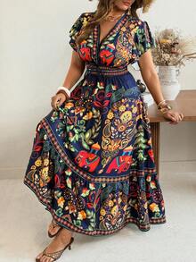 Ceyna Plus Size Women's Summer Boho Navy Blue Printed Casual Dress,Deep V-Neck Bohemian Flare Sleeve Maxi Dress,Vacation Holiday Party Fitted Top Flared - Multicolor - View 5