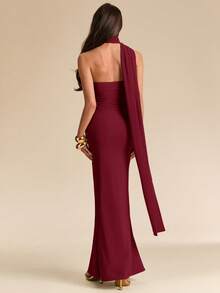 SHEIN BAE Đầm đuôi cá buộc dây vai bất đối xứng màu xanh lá cây trơn dành cho nữ, đầm xanh lá cây, đầm thanh lịch, đầm đi nghỉ mát, đầm phù dâu, đầm tốt nghiệp. - Màu Đỏ Sâu - Xem 2