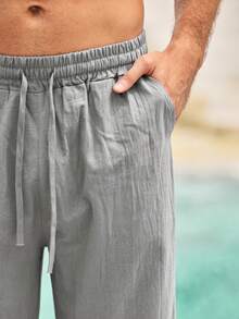 Mercer Haus Calças de linho masculinas, leves e respiráveis, com cordão na cintura, ideais para férias, deslocamentos casuais de verão e um estilo urbano despojado. - Cinza - Ver 6