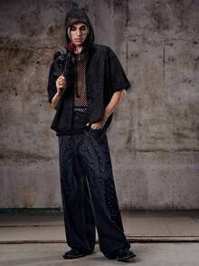 Skyrend Men's Casual Fashion Summer Vacation Jacquard Rhinestone Dropped Shoulder Loose Black Shirtemo - Black - View 3