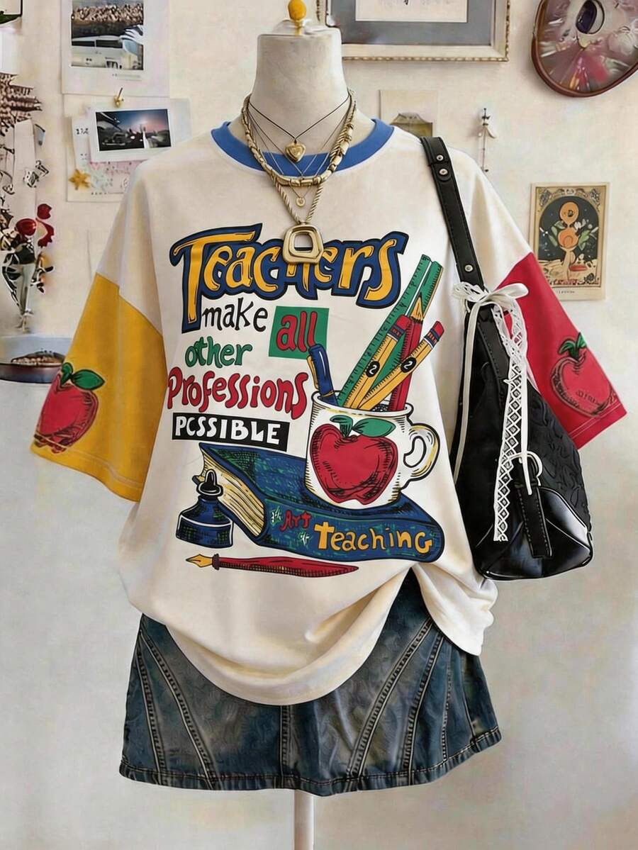 Lalippa 教师节数码印花时尚简约宽松中长款圆领落肩女式T恤,送朋友的礼物 - 彩色 - 查看 1
