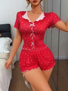 SHEIN 女士针织罗纹爱心印花撞色滚边两件套睡衣，甜美可爱又不失性感睡衣，女士春夏服装 - 紅色 - 查看 3