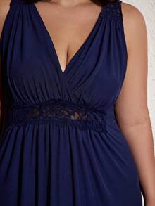Slumberist Plus Size Women Lace Patchwork V-Neck Ruched Nightgown - Navy Blue - View 3
