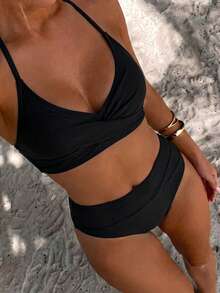 SHEIN Swim 女士纯色交叉性感比基尼泳装套装，夏季沙滩 - 黑色 - 查看 2