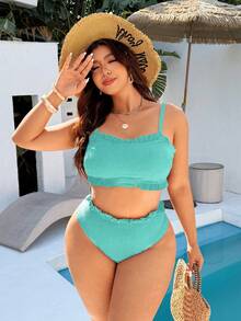 Swim Basics Bộ bikini cỡ lớn dành cho nữ, gồm áo quây màu trơn chất liệu jacquard với viền hoa và quần bikini tam giác cạp cao màu trơn chất liệu jacquard xếp ly, kiểu dáng gợi cảm tối giản, thích hợp cho kỳ nghỉ biển. - Màu xanh bạc hà - Xem 4