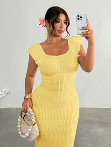 Firerie Plus Size Solid Color Fitted Knit Dress Fall - Light Yellow - View 4
