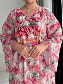 Al Najma Plus Size Women's Elegant Floral Print Cutout Neck Ruffle Sleeve Loose Dress, Vacation Style - Multicolor - View 5
