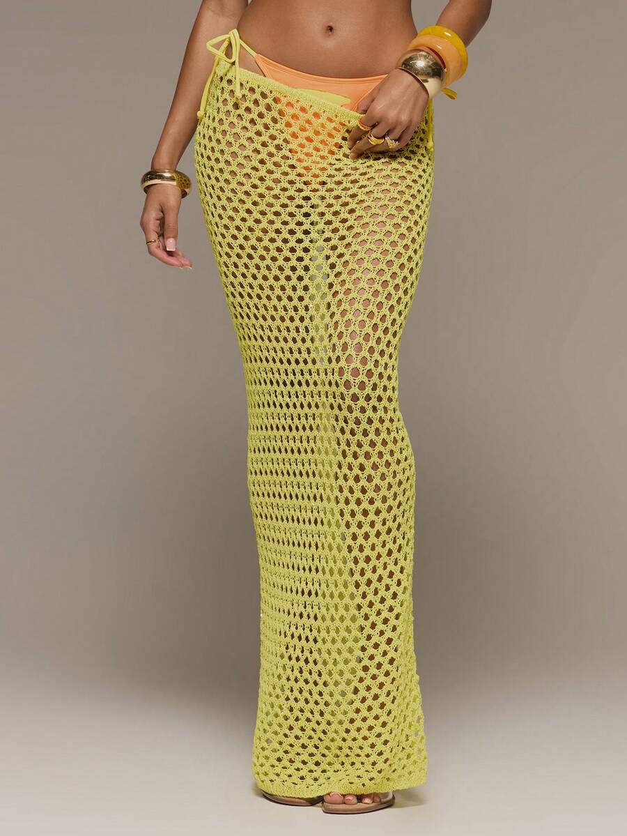 MUSERA Open Crochet Knit Fitted Maxi Skirt Spring Summer Vacation Holiday Festival Rave Beach Carnival - Yellow - View 1
