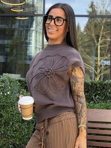 SAYEHFBABY Women Floral Pattern Round Neck Loose Knit Short Sleeve Top,Knitted Sweater Brown Summer Casual - Brown - View 1