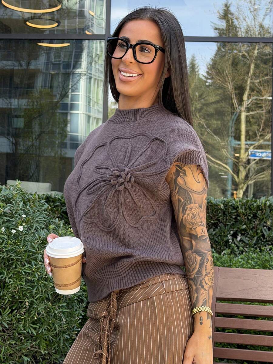 SAYEHFBABY Women Floral Pattern Round Neck Loose Knit Short Sleeve Top,Knitted Sweater Brown Summer Casual - Brown - View 1