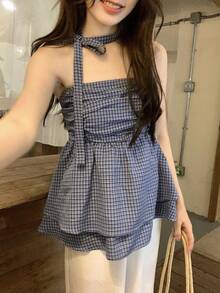 Áo ống kẻ caro nữ, áo hai dây phong cách Hàn Quốc thường ngày thanh lịch. - Màu xanh lam - Xem 10