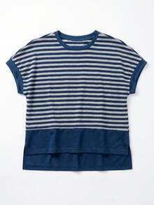 WanderVale T-shirt court ample à épaules dénudées rayé, design d'ourlet asymétrique, tissu agréable à la peau, style décontracté, sportif et d'intérieur - Bleu marine - Voir 5