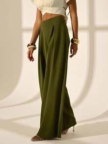 SHEIN Tall Pantalon large minimaliste de couleur unie à la mode pour navetteur, décontracté chic pour femme, bureau - Militaire verte - Voir 6