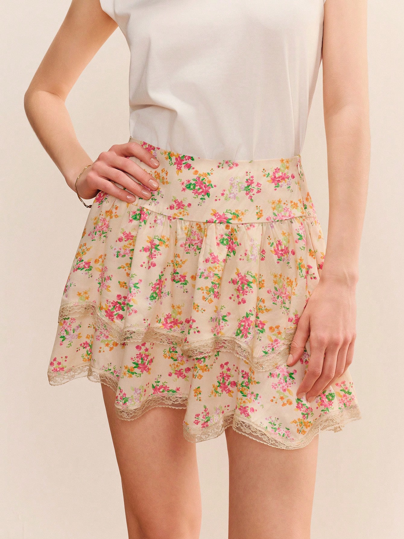 Romantic Yellow Mini Skirt With Floral Print, Smocked Waistband, And Lace Detailing Cute Summer Skirt Casual Holiday Skirt French Style Skirt Ruffle Skirt
