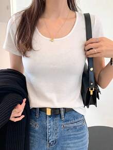 DAZY Camiseta básica ajustada de manga corta con cuello redondo para mujer, unicolor marrón, primavera/verano - Blanco - Ver 5
