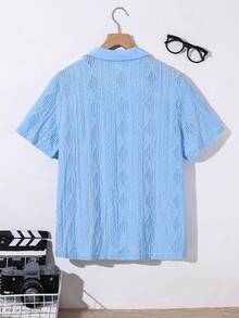 SHEIN 青少年男童百搭纯色华夫格针织Polo衫，休闲舒适，适合春夏穿着 - 藍色 - 查看 2