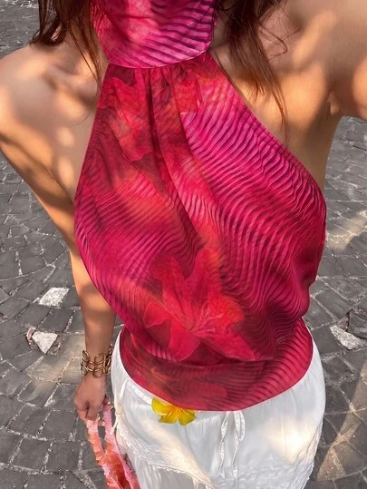 FavEase Camisa con estampado floral de malla roja, con cuello halter, espalda descubierta y cintura con peplum, para mujer. Elegante, retro, romántica y versátil para vacaciones de verano, citas y fiestas