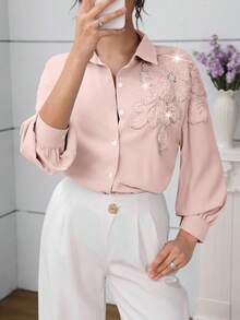 Modelyn 时尚优雅串珠花卉女士衬衫 - 粉色 - 查看 6