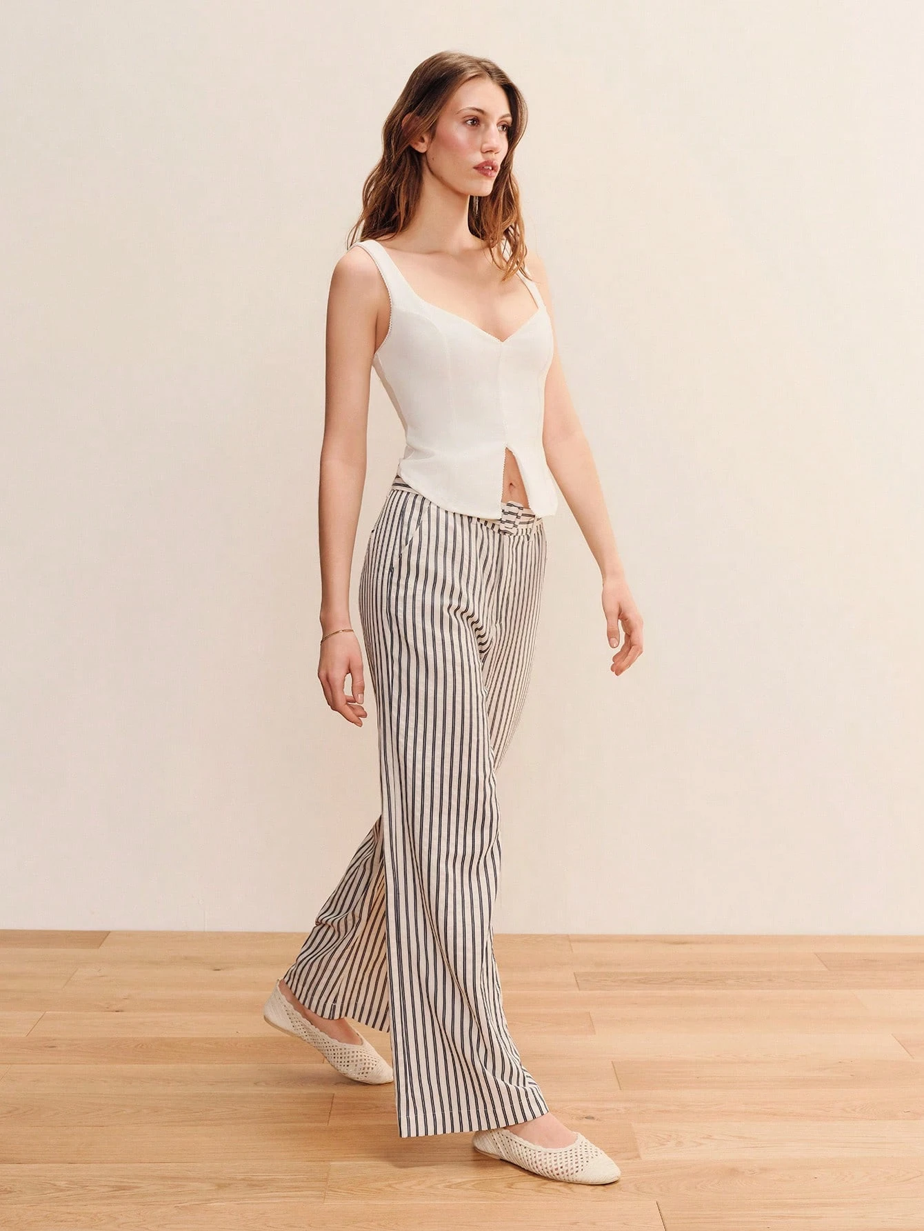 Black And White High-Waisted Striped Wide-Leg Pants With Self Fabric Belt And Buckle Spring Summer French Style Parisian Style Work Office Outfit Chic
