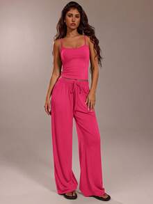 Avantive Women's Solid Color Fitted Camisole And Pants Casual Suit - Hot Pink - View 5