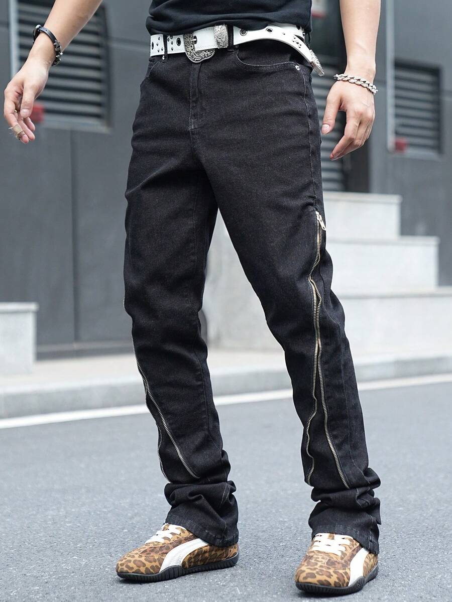 Manfinity EMRG Men's Casual Zip Detail Slant Pocket Denim Jeans - Black - View 1