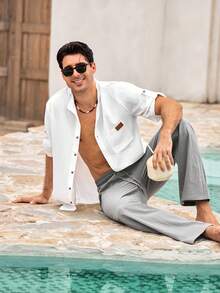 Mercer Haus Calças de linho masculinas, leves e respiráveis, com cordão na cintura, ideais para férias, deslocamentos casuais de verão e um estilo urbano despojado. - Cinza - Ver 7