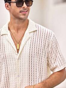 Mercer Haus Men's Cuban Collar Lace Knitted Short Sleeve Button-Up Shirt - Apricot - View 7