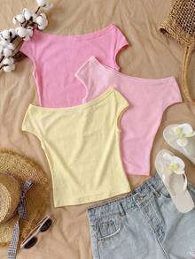 3pcs/Set Girls Vacation Tight Off-Shoulder Multicolor T-Shirts,Squishy,Cotton,,Tween Girl Clothes,Summer Clothes,Vacation ,Summer Outfits,Girls Outfits,Flowers,Vacation - Pink - View 6