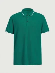 Courvante 男士對比滾邊前開扣休閒短袖 Polo 衫，拼色幾何綠，適合高爾夫、網球與男友穿搭 - 綠色 - 查看 3