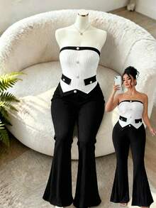 Elenzga Ensemble 2 pièces grande taille pour femmes, nouveau, sexy, élégant, minimaliste, avec débardeur asymétrique bicolore + pantalon évasé à taille élastique ajustée. Design polyvalent et à la mode pour un look décontracté - Multicolore - Voir 1