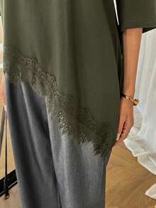 SHEIN LUNE Kaos Wanita Kasual Warna Polos dengan Hem Asimetris dan Patchwork Renda, Pakaian Sehari-hari Dasar untuk Musim Semi & Musim Panas, Atasan Musim Panas - Hijau Tentara - View 8