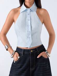 LYSMO 2026 Nou sosit, minimalist, primăvară/vară, cămașă sexy pentru femei cu nasturi în față, fără spate, cu bretele halter, top de vară - Bleu - Vizualizare 3
