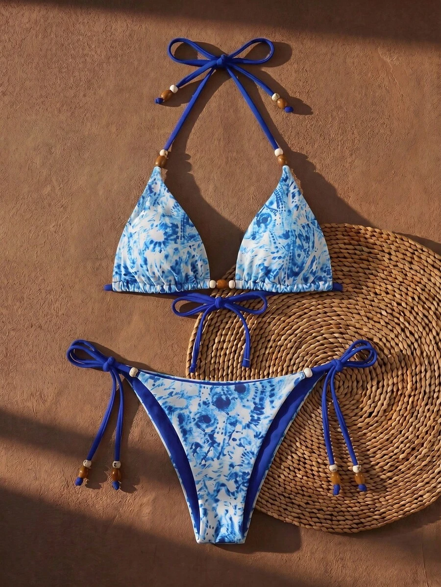 Women's Tie-Dye Print Swimsuit Set For Beach Vacation - Blue and White - View 1
