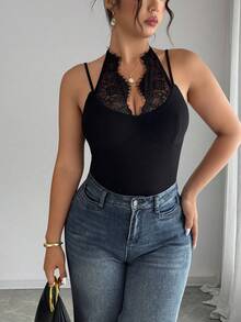 Elenzga Plus Size Women's Summer Lace Patchwork Deep V-Neck Bodysuit, Slim Fit Sexy Clubwear For Commuting And Dating - Black - View 4