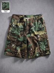 Manfinity Denimwave Men's Summer Casual Camouflage Print Studded Rhinestone Denim Shorts - Army Green - View 2
