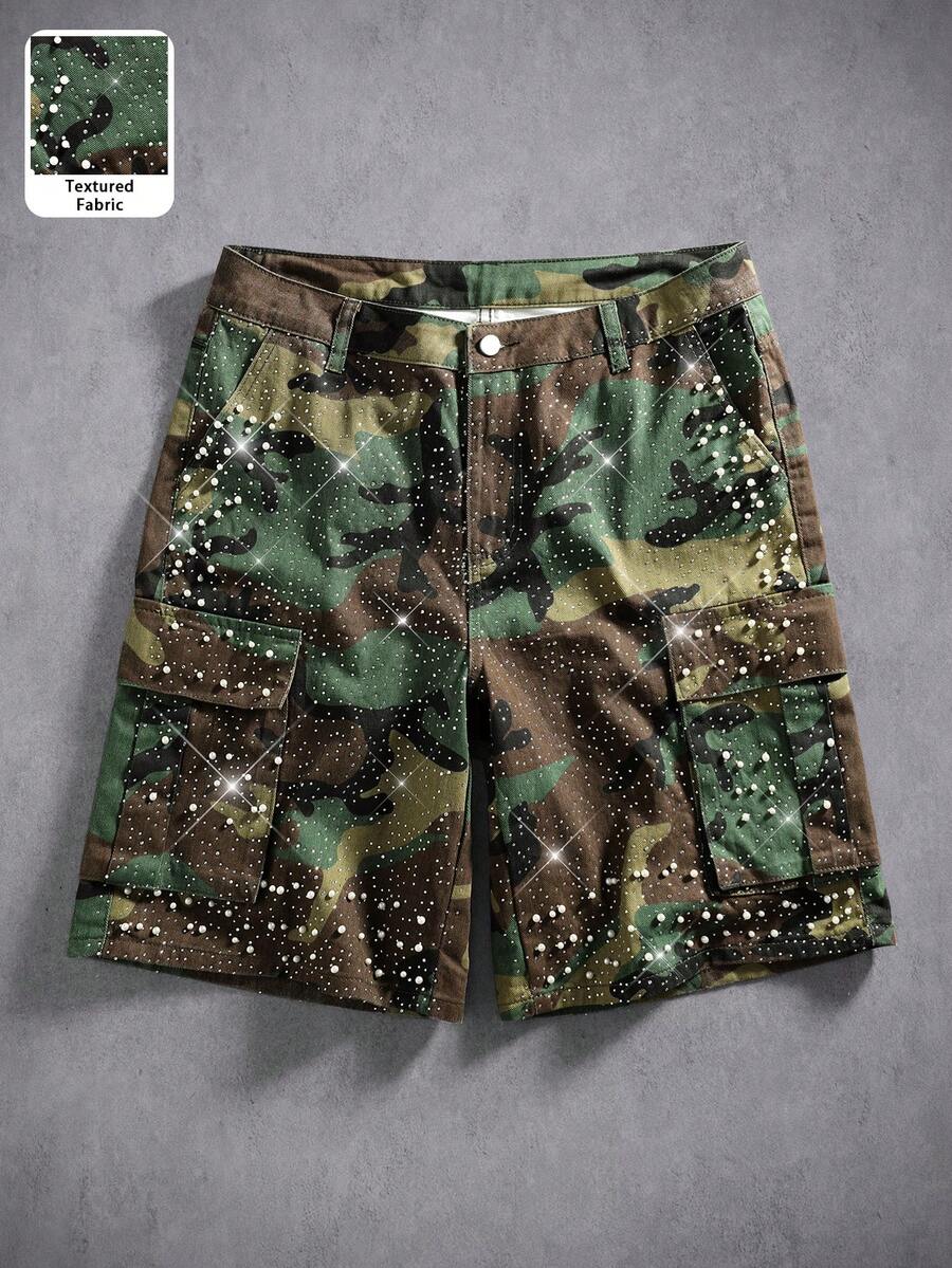 Manfinity Denimwave Men's Summer Casual Camouflage Print Studded Rhinestone Denim Shorts