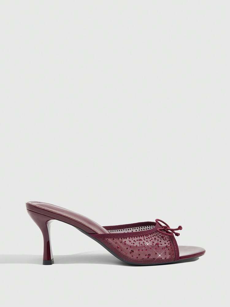 CUCCOO SZL Women's Spring And Summer New Round Toe Stiletto Burgundy Mesh Rhinestone Bow High Heel Sandals Slippers Fashionable And Comfortable Versatile Sexy Party Banquet Women's Sandals Women's Shoes
