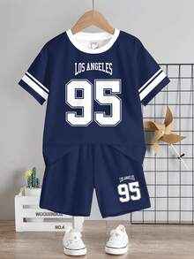 SHEIN 2pcs/Set Young Boy Casual Minimalist, College Style, American Retro, Classic Color Blocking, Number 95 Graphic Round Neck Short Sleeve T-Shirt And Shorts, Suitable For Summer, Suitable For Street Photography, Daily Wear, Outings, Home, Vacation, Spring & Summer Fashion, Summer Outfits, Easy Comfort, Layers For Kids, Stylish Kids, Casual Wear, Kids Graphic T-Shirts, Back To School, Spring & Summer Clothes, Homecoming - Multicolor - View 2