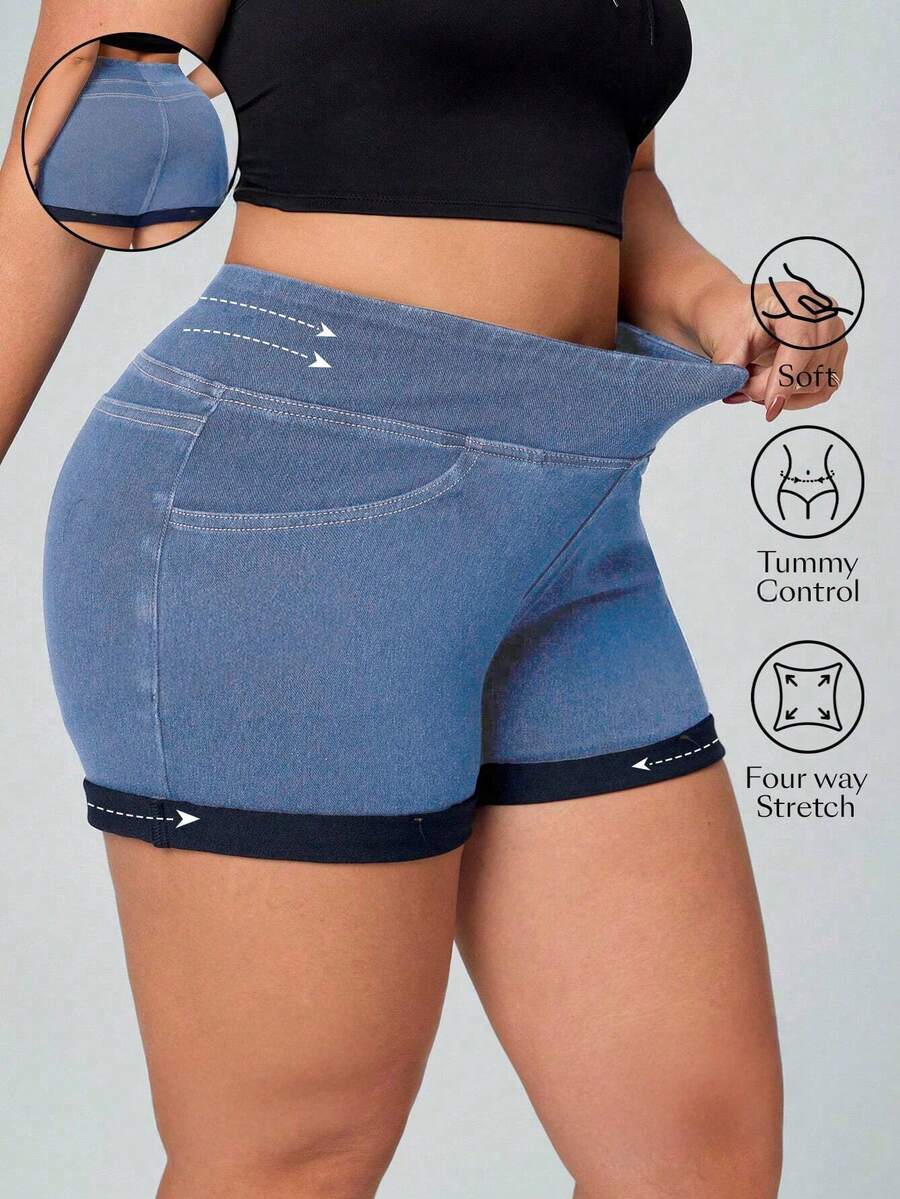 Flexra Celana Pendek Denim Kasual Musim Panas Ukuran Besar dengan Desain Cuci Rusak Warna Biru Tua Lembut untuk Pemakaian Sehari-hari Celana Pendek Wanita Ukuran Besar - Biru - View 1