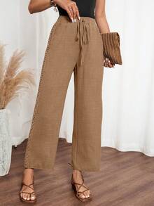 Women's Casual Linen Feeling Side Ruffle Long Pants - Mustard Yellow - View 5