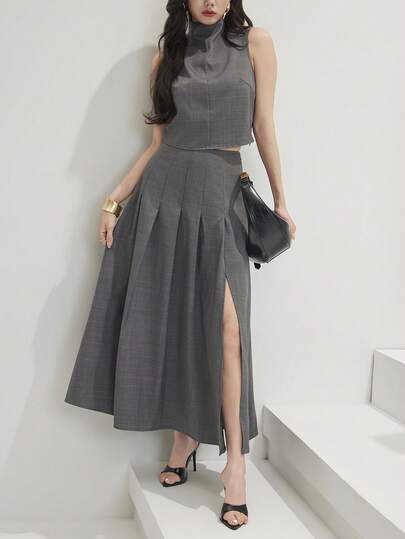 Heiryn Women's Summer Fashion Commuter Stand Collar Vest And Pleated Skirt 2 Pieces Set